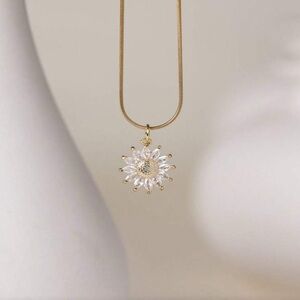 Gold plated stainless steel Dainty Gold Sunburst Pendant Necklace Cubic Zirconia